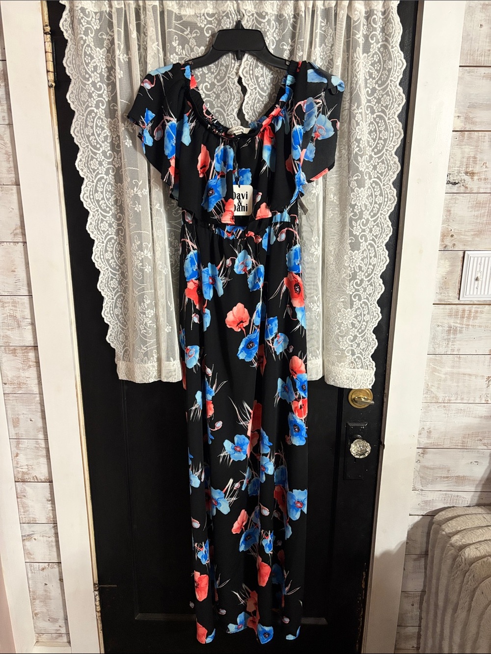 DAVI & DANI Black Maxi Dress with Blue and Coral Floral Print